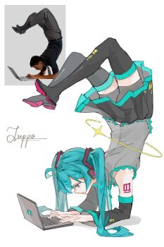 1girl absurdres aqua_eyes aqua_hair arm_tattoo artist_name bike_shorts black_boots black_skirt boots chinese_commentary commentary_request computer detached_sleeves full_body grey_shirt grey_shorts handstand hatsune_miku highres laptop long_hair photo-referenced photo_inset pleated_skirt reference_inset reference_photo shirt shorts shorts_under_skirt simple_background skirt sleeveless sleeveless_shirt solo tattoo thigh_boots twintails vocaloid white_background zhujiyi