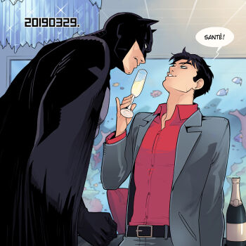 Rule 34 | >:), 2boys, aquarium, bad id, bad source, bad tumblr id, batman, batman (series), belt, black belt, black cape, black hair, blazer, bruce wayne, cape, champagne bottle, champagne flute, collared shirt, cropped legs, cup, dated, dc comics, dress shirt, drinking glass, eye contact, father and son, fishtre, french text, jacket, jason todd, lapels, looking at another, looking up, male focus, multiple boys, notched lapels, open clothes, open jacket, red shirt, shirt, smile, smirk, smug, speech bubble, superhero costume, upper body, v-shaped eyebrows, white shirt