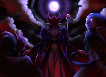 Rule 34 | 1girl, 3boys, aqua hair, armlet, arms behind back, bald, blue lips, cape, cloud, colored skin, commentary request, demigra, demon boy, demon girl, dragon ball, dragon ball heroes, dual persona, floating hair, full moon, glowing, glowing eyes, gravy (dragon ball), hair slicked back, highres, jewelry, long hair, long sleeves, looking at viewer, looking back, mage staff, moon, multiple boys, night, no eyebrows, open mouth, outstretched arms, pointy ears, puffy long sleeves, puffy sleeves, purple skin, putine (dragon ball), red eyes, red hair, red skin, robe, sky, smile, staff, teeth, wizard, yomogi banashi