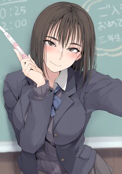 1girl black_cardigan black_jacket blue_bow blue_bowtie blush bow bowtie breasts brown_eyes brown_hair cardigan chalkboard collared_shirt highres holding holding_pregnancy_test jacket looking_at_viewer medium_breasts original pregnancy_test shirt short_hair smile solo white_shirt zekkyon