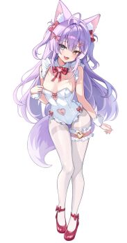 1girl ahoge animal_ear_fluff animal_ears blue_eyes breasts clothing_cutout commentary_request fang fox_ears fox_girl fox_tail frilled_leotard frilled_thigh_strap frills full_body hair_ornament hairclip heart heart_cutout heart_o-ring heterochromia highres korean_commentary leotard medium_breasts navel navel_cutout o-ring o-ring_thigh_strap open_mouth pantyhose purple_hair red_ribbon red_shoes ribbon shoes simple_background smile standing stellive tail tenko_shibuki thigh_strap thighband_pantyhose virtual_youtuber white_background white_leotard white_pantyhose white_wrist_cuffs wrist_cuffs yellow_eyes yulha_06