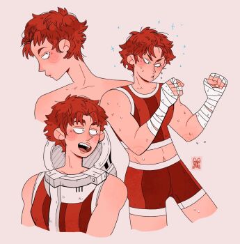 1girl blush breasts commentary crop_top cropped_arms cropped_legs cropped_shoulders english_commentary eyelashes fire_emblem fire_emblem_awakening highres jitome juuter midriff multiple_views navel nintendo open_mouth red_hair red_shirt shirt short_hair simple_background sleeveless sleeveless_shirt smile sparkle sully_(fire_emblem) sweat teeth thick_eyebrows tomboy toned toned_female upper_teeth_only v-shaped_eyebrows very_short_hair