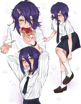1girl absurdres arms_up black_necktie black_skirt bread bread_slice chainsaw_man closed_mouth eating food green_eyes hair_between_eyes hair_ornament hairclip highres holding holding_food kirtome loafers long_sleeves multiple_views necktie open_mouth purple_hair reze_(chainsaw_man) school_uniform shirt shoes skirt socks toast tongue tongue_out white_shirt white_socks