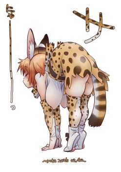 1girl animal_ears animal_print ass black_hair blonde_hair blush bow bowtie breasts elbow_gloves extra_ears feral_instincts flexible gloves hanging_breasts hat kemono_friends large_breasts nyororiso_(muyaa) print_bow print_bowtie serval_(kemono_friends) shirt short_hair skirt sleeveless sleeveless_shirt stretching tail thighhighs