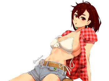 absurdres alternate_breast_size_(larger) ayase_momo belt bikini breasts brown_belt brown_eyes brown_hair cosplay dandadan denim denim_shorts earrings highres jewelry kwon_eun-bi kwon_eun-bi_(cosplay) large_breasts looking_at_viewer navel open_mouth plaid_clothes plaid_shirt shirt shorts simple_background srlmao swimsuit twitter_username white_background white_bikini