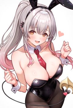 1girl animal_ear_hairband animal_ears bare_shoulders between_breasts black_leotard black_pantyhose blush breasts cleavage collarbone commentary covered_groin daysss detached_collar fake_animal_ears gradient_hair grey_hair hairband hands_up heart heart_ornament highres indie_virtual_youtuber large_breasts leotard long_hair multicolored_hair nail_polish necktie necktie_between_breasts open_mouth pantyhose pink_hair pink_nails playboy_bunny pointy_ears rabbit_ears red_necktie sideboob sidelocks simple_background smile standing strapless strapless_leotard suou_patra symbol-only_commentary tail tail_ornament thighs very_long_hair virtual_youtuber white_background white_wrist_cuffs wrist_cuffs yellow_eyes