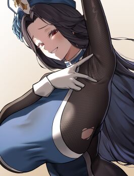 1girl absurdres arm_up armpits black_hair bodystocking braid braided_ponytail breasts flower gloves goddess_of_victory:_nikke hair_flower hair_ornament highres huge_breasts ice_flower long_hair looking_at_viewer maiden_(ice_rose)_(nikke) maiden_(nikke) nsd_(neangsadu) official_alternate_costume presenting_armpit red_eyes smile solo spread_armpit torn_bodystocking torn_clothes very_long_hair white_gloves