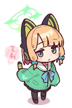 1girl :&lt; animal_ear_headphones animal_ears black_pantyhose black_shoes black_skirt blonde_hair blue_archive blue_bow blue_bowtie blunt_bangs blush bow bowtie cardigan cat_ear_headphones cat_ears chibi chibi_only closed_mouth commentary dot_nose fake_animal_ears full_body green_bow green_cardigan green_halo hair_bow halo headphones long_sleeves looking_at_viewer momoi_(blue_archive) pantyhose sailor_collar school_uniform serafuku shoes short_hair simple_background skirt solo standing translation_request white_background white_sailor_collar yoru_nai