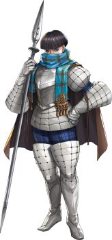 1boy armor artist_request black_hair blue_eyes bob_cut boots breastplate brown_cape cape demon_(megami_tensei) gambeson gloves highres holding holding_polearm holding_weapon official_art persona persona_5 persona_5:_the_phantom_x plaid_clothes polearm scarf setanta_(megami_tensei) shin_megami_tensei solo spear standing third-party_source transparent_background weapon