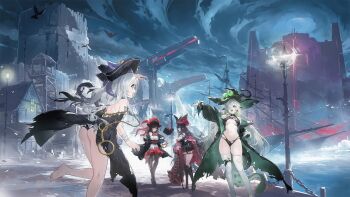 4girls ascot ass ass_focus azur_lane bare_shoulders bat_(animal) black_coat black_hair black_hat black_panties black_pantyhose breasts brown_hair coat colored_tongue covered_erect_nipples dolphin_(azur_lane) dress earrings game_cg green_eyes green_hair green_nails green_tongue grey_hair groin hat highres holding holding_sword holding_weapon jewelry lamppost lantern large_breasts long_hair multiple_girls navel non-web_source open_clothes open_coat open_mouth panties pantyhose pirate pirate_hat queen_anne&#039;s_revenge_(azur_lane) red_ascot red_eyes red_skirt royal_fortune_(azur_lane) royal_james_(azur_lane) sharp_teeth sideboob skindentation skirt smile stomach suction_cups sword teeth tentacle_hair tentacles thick_thighs thigh_gap thighhighs thighs torn_clothes torn_pantyhose torn_thighhighs tricorne underwear weapon white_thighhighs