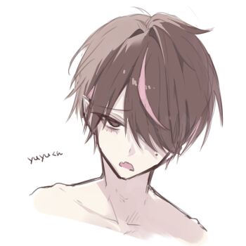 1boy brown_eyes brown_hair commentary_request cropped_shoulders fang hair_over_one_eye highres looking_at_viewer male_focus mole mole_under_eye multicolored_hair one_eye_covered open_mouth original parted_bangs pink_streaks pointy_ears short_hair simple_background skin_fang solo streaked_hair swept_bangs white_background yu_o015