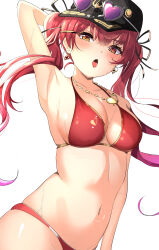Rule 34 | 1girl, absurdres, arm behind head, arm up, armpits, baseball cap, bikini, black hat, blush, breasts, cleavage, earrings, eyewear on head, gold earrings, gold necklace, gradient hair, hat, heart, heart-shaped eyewear, heart earrings, heart necklace, heterochromia, highres, hololive, houshou marine, houshou marine (summer), jewelry, large breasts, long hair, looking at viewer, multicolored hair, navel, necklace, official alternate costume, open mouth, purple hair, red bikini, red eyes, red hair, sunglasses, swimsuit, tongue, tongue out, twintails, virtual youtuber, wet, yellow eyes, yunon oto mad