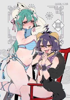 2girls ahoge alternate_costume an_sin aqua_hair artist_name bikini black_nails black_thighhighs black_wrist_cuffs blue_bikini blush breasts bun_cover chair chinese_knot commentary cross-shaped_pupils double_bun elbow_gloves fangs feather_boa folded_fan folding_fan forward-facing_horns frilled_wrist_cuffs frills full-face_blush gloves grey_background hair_between_eyes hair_bun hair_intakes hair_ornament hair_scrunchie hand_fan highres holding holding_fan horns large_breasts long_hair magia_azure magia_baiser mahou_shoujo_ni_akogarete multiple_girls nail_polish navel on_chair open_mouth pankou purple_bikini purple_hair red_eyes scrunchie short_hair single_thighhigh sitting small_breasts sweat swimsuit symbol-shaped_pupils tassel teeth thighhighs tongue tongue_out twitter_username upper_teeth_only white_gloves wrist_cuffs yellow_eyes yellow_horns yuri