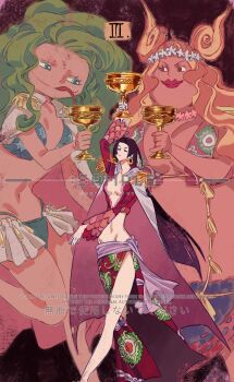 Rule 34 | 3girls, black hair, boa hancock, boa marigold, boa sandersonia, cape, card (medium), closed eyes, commentary, cup, earrings, english commentary, epaulettes, green eyes, green hair, highres, holding, holding cup, jewelry, kuja pirates jolly roger, long hair, long sleeves, multiple girls, one piece, orange hair, sample watermark, sash, siblings, side slit, sisters, siyangou49, size difference, smile, snake earrings, tarot, tarot (medium), watermark, wavy hair, white cape