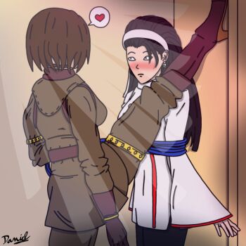 2girls black_hair blush brown_hair flexible heart ikari_warriors kabedon kagura_chizuru locker_foot_kabedon_(meme) meme mercenary multiple_girls priestess snk the_king_of_fighters the_king_of_fighters_xv tied_up_(nonsexual) trapped whip whip_(kof) white_headgear