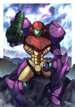 1girl arm_cannon armor assault_visor blurry blurry_background gravity_suit_(metroid) helmet highres metroid metroid:_zero_mission nintendo power_suit power_suit_(metroid) red_armor red_helmet samus_aran sitting solo wakaba_(wata_ridley) weapon