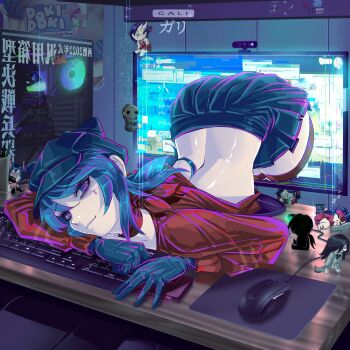 6+girls animal_ear_headwear animal_ears blue_eyes blue_gloves blue_hair blue_hat blue_skirt bow bow_choker newsboy_cap chibi choker commentary computer_mouse cool_mita_(miside) crazy_mita_(miside) creepy_mita_(miside) cropped_shirt doki_doki_literature_club dummy_mita_(miside) english_commentary fake_animal_ears gali_vx ghostly_mita_(miside) gloves hat hetoor_mita_(miside) highres long_sleeves median_furrow mila_(miside) miside mita_(miside) monitor mousepad_(object) multiple_girls pleated_skirt red_choker red_shirt shirt skirt sleepy_mita_(miside) teardrop_facial_mark through_medium through_screen tiny_mita_(miside)