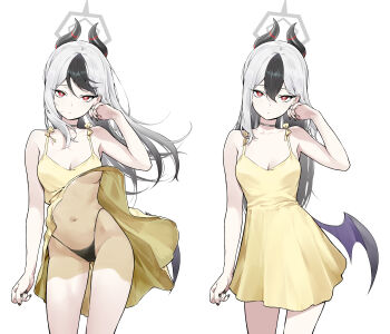 1girl absurdres alternate_costume armpits bare_arms bare_shoulders black_hair black_nails black_panties blue_archive breasts bright_pupils choker cowboy_shot demon_girl demon_horns demon_wings dress fingernails grey_hair grey_halo hair_between_eyes halo hand_up highres horns hyury kayoko_(blue_archive) long_hair looking_at_viewer low_wings medium_breasts mole mole_on_neck multicolored_hair multiple_views nail_polish panties pantyshot red_eyes simple_background single_wing sleeveless sleeveless_dress spaghetti_strap sundress two-tone_hair underwear white_background white_pupils wind wind_lift wings yellow_dress