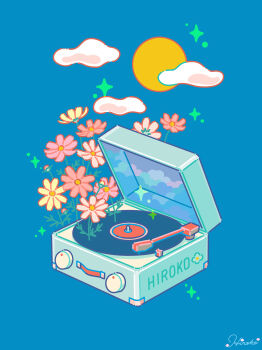 Rule 34 | absurdres, blue background, cloud, commentary request, flower, highres, hiro046k, no humans, original, phonograph, pink flower, signature, still life, sun, variant set, vinyl record, yellow flower
