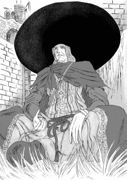 1boy 913kousatu absurdres big_hat_logan cape commentary_request dark_souls_(series) dark_souls_i full_body grass greyscale highres large_hat long_hair long_sleeves male_focus monochrome robe shoes sitting solo