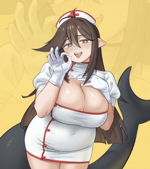 1girl :d blush breasts bright_pupils cleavage commission dress fellatio_gesture fins fish_tail gloves grey_eyes hair_between_eyes hand_on_own_chest hat highres huge_breasts long_hair navel nurse nurse_cap open_mouth original plump pointy_ears puffy_short_sleeves puffy_sleeves shark_tail short_dress short_sleeves smile solo swept_bangs tail tongue vibrantrida white_dress white_gloves white_pupils yellow_background zoom_layer