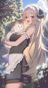 1girl absurdres animal animal_ears apron bare_shoulders black_dress blonde_hair breasts brown_eyes cat commentary commission day dress english_commentary highres holding holding_animal holding_cat hoplitx horns large_breasts long_sleeves maid mixed-language_commentary original outdoors pixiv_commission thighhighs tree white_apron white_cat