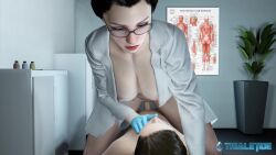 3d age_difference animated bed blue_gloves breasts coat doctor effectively_nude female_pervert finger_to_mouth glasses gloves highres hospital hospital_bed indoors jacket lab_coat large_breasts mature_female naked_jacket naked_lab_coat nude office pervert public_indecency sex shota shushing tagme trialetide video zenra