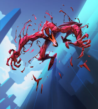 1boy above_clouds building carnage_(marvel) city cityscape claws cloud cloudy_sky dynamic_pose full_body living_clothes marvel marvel_snap max_grecke monster_boy muscular muscular_male official_art open_mouth sharp_teeth sky skyline skyscraper slime_boy spider-man_(series) standing_on_wall symbiote teeth white_eyes