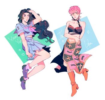 2girls absurdres black_bra black_hair boots bra choker closed_mouth commentary english_commentary full_body hand_in_own_hair heart highres jojo_no_kimyou_na_bouken long_hair long_skirt math multiple_girls pink_hair pompadour sailor_collar seirorath short_sleeves side_slit skirt trish_una underwear yamagishi_yukako