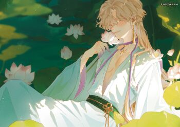 1boy alien_stage alternate_hair_length alternate_hairstyle blonde_hair chinese_clothes closed_mouth colored_extremities colored_eyelashes commentary english_commentary flower hanfu highres holding holding_flower long_hair looking_at_viewer lotus lotus_leaf luka_(alien_stage) male_focus sitting smile solo tokitokiee very_long_hair water white_hanfu yellow_eyes