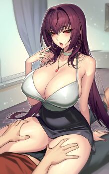 Rule 34 | 1boy, 1girl, absurdres, bare shoulders, black skirt, blush, breasts, camisole, choker, cleavage, earrings, fate/grand order, fate (series), high-waist skirt, highres, hoop earrings, jewelry, large breasts, long hair, looking at viewer, miniskirt, necklace, open mouth, pencil skirt, purple hair, red eyes, rioliogiz, scathach (fate), sitting, sitting on person, skirt, thighs, white camisole