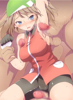 1girl 3boys :o alternate_color alternate_costume arm_up armpit_sex armpits bad_id bad_pixiv_id bandana bare_arms bare_shoulders bike_shorts blue_eyes blush breasts brown_hair censored clenched_hand clothed_female_nude_male clothed_sex collared_shirt gangbang girl_on_top gloves gradient_background green_bandana grinding group_sex hand_up holding_another&#039;s_wrist large_breasts legs looking_at_another looking_back looking_to_the_side may_(pokemon) may_(pokemon_emerald) mosaic_censoring multiple_boys nintendo nude penis pokemon pokemon_emerald pokemon_rse precum red_shirt rei_oe shirt short_hair sleeveless sleeveless_shirt solo_focus sweat testicles