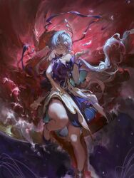 Rule 34 | 1girl, absurdres, bracelet, commentary request, detached sleeves, dress, falling feathers, feathers, foot out of frame, furioso, gloves, green eyes, grey hair, halo, head wings, highres, honkai: star rail, honkai (series), jewelry, knee up, long hair, looking at viewer, musical note ornament, neckerchief, one eye closed, open mouth, pearl bracelet, purple dress, purple footwear, purple neckerchief, purple sleeves, robin (honkai: star rail), shoes, solo, two-tone dress, very long hair, white dress, white gloves, wings