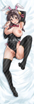 1girl animal_ears black_hair black_leotard black_thighhighs bow bowtie breasts breasts_out clothing_aside commentary dakimakura_(medium) detached_sleeves english_commentary fake_animal_ears highres kono_subarashii_sekai_ni_shukufuku_wo! large_breasts leotard leotard_aside looking_at_viewer lying medium_hair nipples on_back open_mouth playboy_bunny pussy rabbit_ears red_bow red_bowtie red_eyes solo t3x thighhighs thighs toes uncensored wrist_cuffs yunyun_(konosuba)