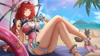 1girl absurdres ahoge arm_support bare_shoulders blue_sky breasts cleavage commentary crossed_legs day english_commentary eyewear_on_head grin hearing_aid heart heart-shaped_eyewear highres holding holding_umbrella innertube jewelry kramellwastaken large_breasts long_hair looking_at_viewer official_alternate_costume one-piece_swimsuit outdoors pink_one-piece_swimsuit red_hair sitting sky smile solo sunglasses swim_ring swimsuit thighlet two-tone_one-piece_swimsuit ukinami_yuzuha ukinami_yuzuha_(tanuki_in_broad_daylight) umbrella very_long_hair white_one-piece_swimsuit white_umbrella yellow_eyes zenless_zone_zero