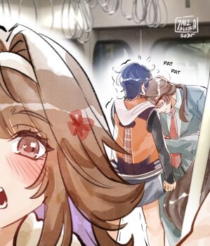 1boy 2girls 7aizagatha belle_(zenless_zone_zero) black_shirt blue_hair blush brown_hair closed_eyes closed_mouth dated droopy_ears flying_sweatdrops formal_clothes from_behind glasses green_suit hairband hashtag-only_commentary head_on_chest heart heart_in_eye highres indoors multiple_girls necktie open_mouth red_necktie shirt short_hair sound_effects suit symbol_in_eye train_interior trembling white_hairband ye_shiyuan ye_shunguang zenless_zone_zero