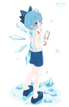 1girl absurdres ahoge alternate_costume artist_name bare_legs blue_bow blue_eyes blue_hair blue_shorts blush bow cellphone cellphone_photo cirno commentary_request dated fairy flandre_awouuu frilled_sleeves frills full_body hair_bow highres holding holding_phone ice ice_wings licking licking_own_finger looking_at_viewer multiple_wings phone platform_sandals sandals shirt short_hair shorts sleeveless sleeveless_shirt slides smartphone smartwatch snowflakes solo touhou watch white_shirt wings wristwatch