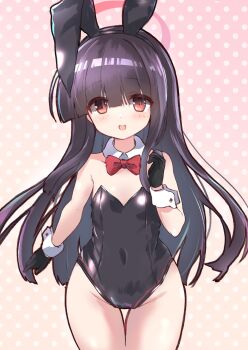 1girl animal_ears bare_shoulders black_gloves black_hair black_leotard blue_archive bow bowtie breasts covered_navel detached_collar fake_animal_ears gloves groin hair_over_eyes halo highres justice_task_force_member_(blue_archive) kurosaki_kousuke leotard loli long_bangs long_hair looking_at_viewer open_mouth pink_halo playboy_bunny rabbit_ears red_bow red_bowtie red_eyes small_breasts smile solo strapless strapless_leotard thigh_gap thighs wrist_cuffs
