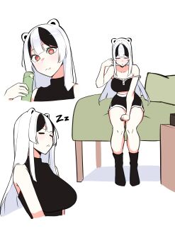 1girl absurdres animal_ears bamboo black_shirt black_streaks breasts closed_eyes closed_mouth commentary double-parted_bangs eating english_commentary highres large_breasts long_hair mirui09 multicolored_hair multiple_views open_mouth orange_eyes original panda_ears panda_girl shirt sitting sleeping sleeveless sleeveless_shirt streaked_hair white_background white_hair zzz