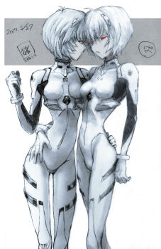 2girls ayanami_rei blue_hair bodysuit evangelion_(mecha) hairpods hand_on_own_hip heads_together highres interface_headset_(evangelion) looking_at_another mecha_pilot_suit multiple_girls neon_genesis_evangelion payama plugsuit plugsuit_(evangelion) red_eyes red_hair short_hair tagme white_background white_bodysuit