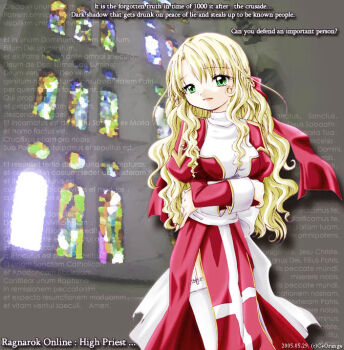 1girl 2000s_(style) 2005 arms_under_breasts back_bow blonde_hair bow breasts character_name closed_mouth commentary_request copyright_name cowboy_shot crossed_arms dated dress english_text engrish_text garter_straps green_eyes high_priest_(ragnarok_online) juliet_sleeves latin_text long_hair long_sleeves medium_breasts photo_background puffy_sleeves ragnarok_online ranguage red_dress sash solo stained_glass thighhighs two-tone_dress wavy_hair white_bow white_dress white_sash white_thighhighs yuzu_(myrica)