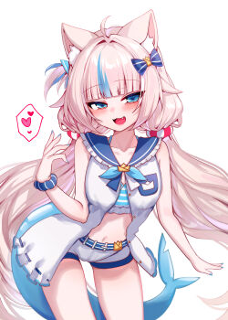 Rule 34 | 1girl, absurdres, ahoge, animal ear fluff, animal ears, bikini, bikini under clothes, blonde hair, blue bikini, blue eyes, blue hair, blue nails, blush, breasts, cat ears, dress, fang, fins, fish girl, fish tail, frilled bikini, frills, heart, highres, indie virtual youtuber, llg062666, long hair, looking at viewer, low twintails, multicolored hair, nail polish, sameko saba, short shorts, shorts, sleeveless, sleeveless dress, small breasts, smile, solo, spoken heart, streaked hair, swimsuit, tail, twintails, very long hair, virtual youtuber, white dress, white shorts