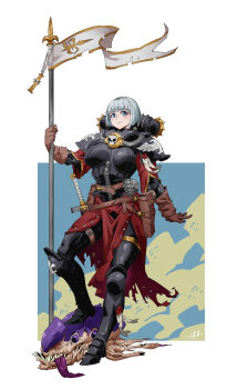 1girl 1other absurdres adepta_sororitas armor blue_eyes decapitation flagpole gloves grey_hair halberd highres holstered imperium_of_man polearm power_armor purity_seal rmulderz sharp_teeth short_hair sisters_of_battle skull_ornament smile sword teeth tyranid warhammer_40k weapon zipper