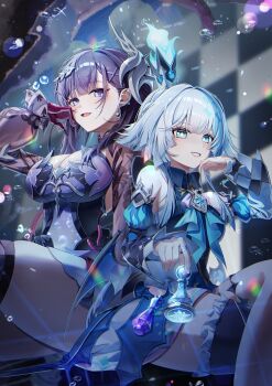 2girls absurdres air_bubble black_hair black_thighhighs blue_eyes blue_hair breasts bright_pupils bubble cerydra_(honkai:_star_rail) chess_piece cleavage crossed_legs crown detached_sleeves dress fire gloves grey_hair hand_up highres holding holding_chess_piece honkai:_star_rail honkai_(series) hysilens_(honkai:_star_rail) large_breasts leegh19769 long_hair long_sleeves looking_at_viewer mini_crown multicolored_hair multiple_girls open_mouth red_gloves sitting smile thighhighs white_pupils