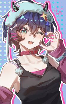 ;d belle_(zenless_zone_zero) black_horns black_tank_top blue_background blue_eyes blue_hair bra bra_peek breasts collar crossed_bangs fake_horns grey_hair hair_between_eyes hand_up heart highres horns moyaoyaoyaoyao_r one_eye_closed open_mouth pink_bra pink_collar polka_dot polka_dot_background short_hair sleeveless small_breasts smile sparkle tank_top tongue underwear zenless_zone_zero