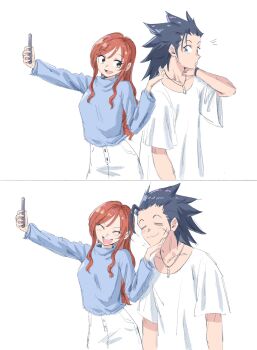 1boy 1girl :3 aqua_eyes bervens12 black_hair blue_sweater breasts brown_eyes cissnei closed_eyes couple crisis_core:_final_fantasy_vii cross_scar dog_tags facial_scar final_fantasy final_fantasy_vii final_fantasy_vii_rebirth final_fantasy_vii_remake hair_slicked_back hand_on_another&#039;s_chin hetero highres long_hair medium_breasts open_mouth red_hair scar scar_on_cheek scar_on_face selfie shirt sideburns skirt smile sweater t-shirt taking_picture upper_body wavy_hair white_background white_shirt white_skirt zack_fair