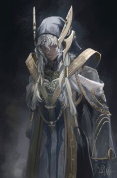 1boy black_hood body_markings chucky_(chucky1000sun) closed_eyes closed_mouth commentary_request cowboy_shot dark_background grey_hair hair_between_eyes highres hood hood_up making-of_available male_focus robe signature solo the_shaper_(wuthering_waves) white_robe wuthering_waves