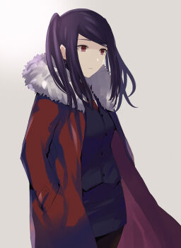 1girl asakiri_koko black_pantyhose blue_skirt blue_vest coat commentary_request cowboy_shot from_side fur-trimmed_coat fur_trim gradient_background grey_background hands_in_pockets highres jill_stingray long_hair long_sidelocks long_sleeves looking_ahead necktie open_clothes open_coat pantyhose pencil_skirt purple_hair red_eyes red_necktie shirt sidelocks skirt solo swept_bangs twintails va-11_hall-a vest white_shirt