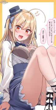 1girl absurdres ahoge anger_vein blonde_hair blonde_hair-chan_(ramchi) blue_bow blue_bowtie blue_hat blue_skirt blush bow bowtie bra breasts brown_bra brown_panties button_gap fang hair_bow hat highres knees_up legs long_hair long_sleeves looking_at_viewer medium_breasts motion_lines notice_lines open_mouth original panties partially_unbuttoned ramchi red_eyes shirt sitting skin_fang skirt socks solo speech_bubble thighs two_side_up underwear white_shirt white_socks