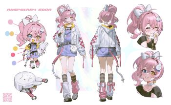 1girl absurdres back bandaid bandaid_on_face blush chibi cosmetics earrings full_body heterochromia highres jacket jewelry leg_warmers lips original pink_hair ponytail reference_sheet ribbon shorts smile star_(symbol) star_earrings teeth thighhighs white_background yunny_(cureyunny)